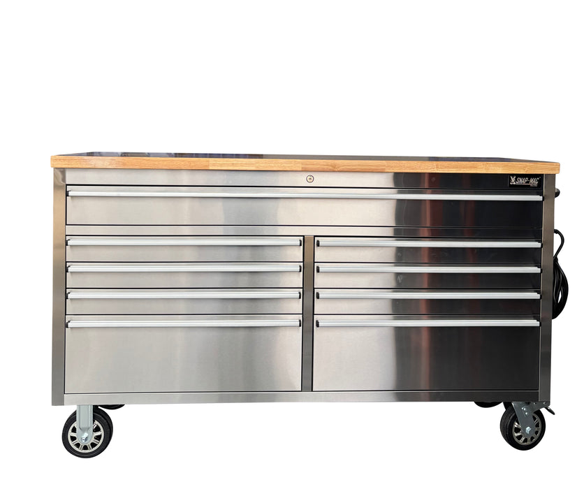 61” Stainless Steel 9 Drawer Work Bench Tool Chest Cabinet + 5M Extension Lead