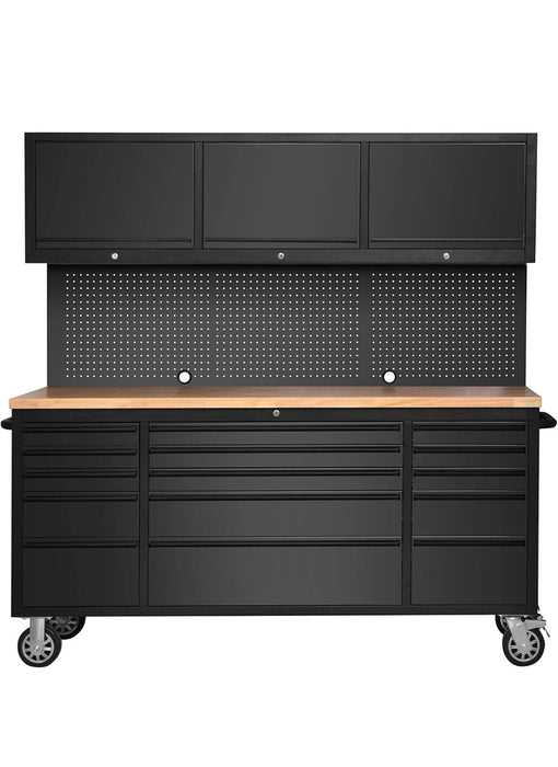 72in Matt Black 15 Drawer Work Bench with Upper Cabinets