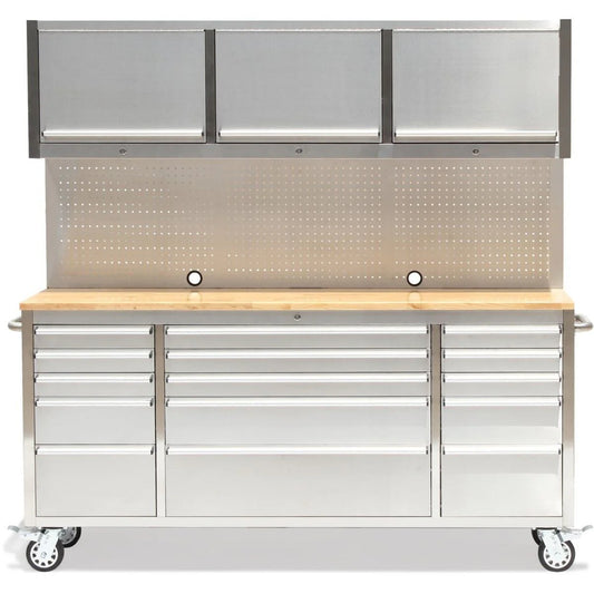 US SNAP MAC 72in Stainless Steel 15 Drawer Work Bench with Upper Cabinets