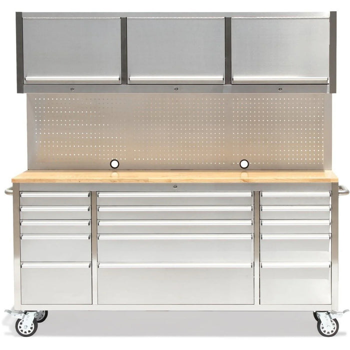72in Stainless Steel 15 Drawer Work Bench with Upper Cabinets