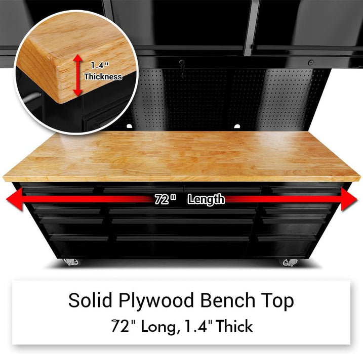 72in Matt Black 15 Drawer Work Bench with Upper Cabinets