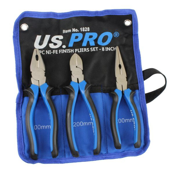 3PC 8" NI-FE FINISH PLIERS SET 1828