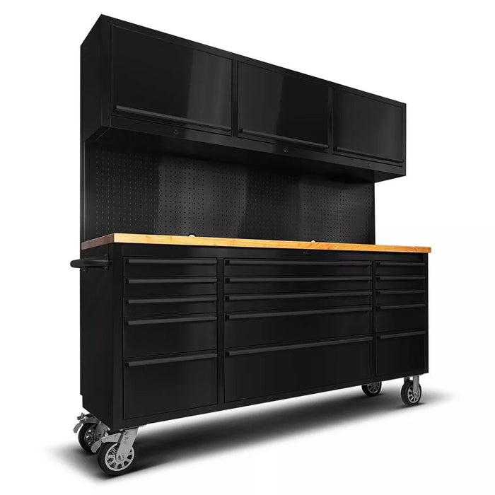 72in Matt Black 15 Drawer Work Bench with Upper Cabinets