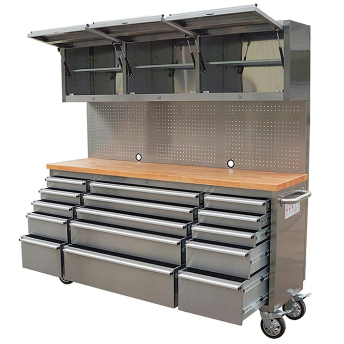 72in Stainless Steel 15 Drawer Work Bench with Upper Cabinets