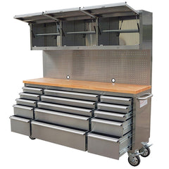 US SNAP MAC 72in Stainless Steel 15 Drawer Work Bench with Upper Cabinets