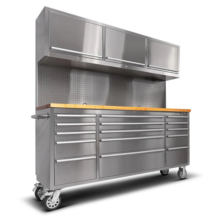 72in Stainless Steel 15 Drawer Work Bench with Upper Cabinets