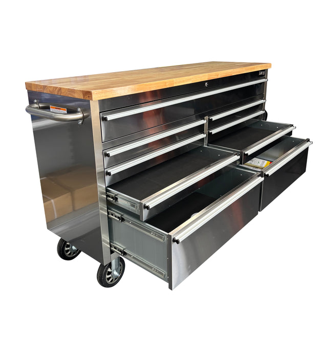 61” Stainless Steel 9 Drawer Work Bench Tool Chest Cabinet + 5M Extension Lead