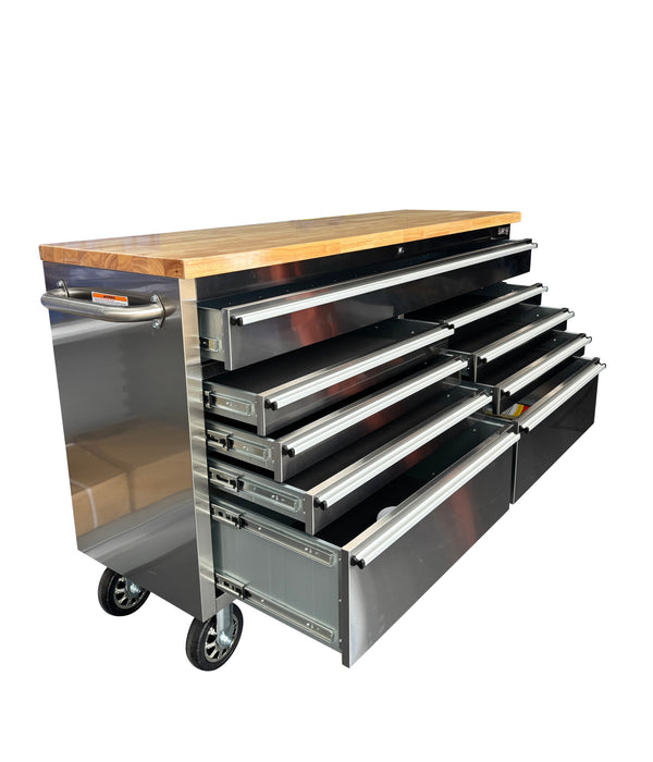 61” Stainless Steel 9 Drawer Work Bench Tool Chest Cabinet + 5M Extension Lead
