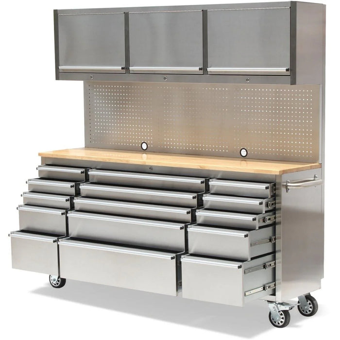 72in Stainless Steel 15 Drawer Work Bench with Upper Cabinets