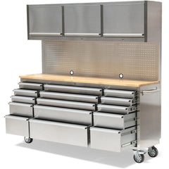 US SNAP MAC 72in Stainless Steel 15 Drawer Work Bench with Upper Cabinets